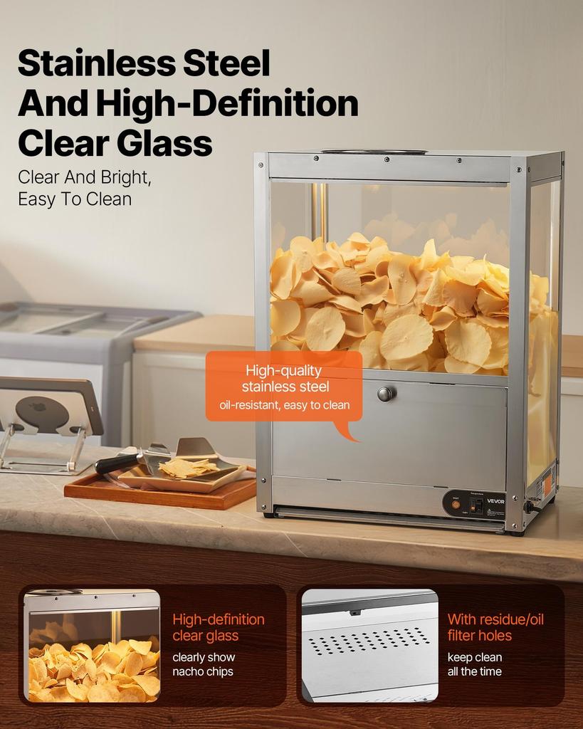 VEVOR Commercial Nacho Chip Warmer, 80L Chip Warmer Machine with Heating Base and Warming Light, Nacho Machine with Deflection Board, Stainless Steel