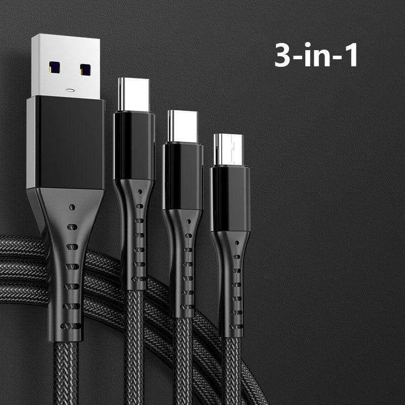 Сверхбыстрая зарядка 66 Вт, одно перетаскивание, три, подходит для Android TYPE-C Apple, тканый кабель для передачи данных «три в одном»