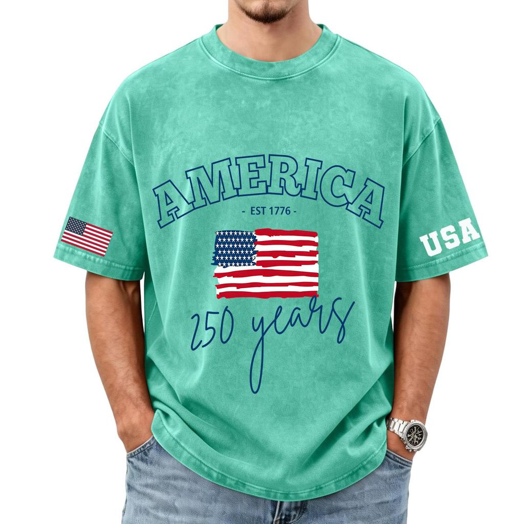 Мужская свободная повседневная футболка с принтом флага и букв - Модный мужской стираный топ с коротким рукавом