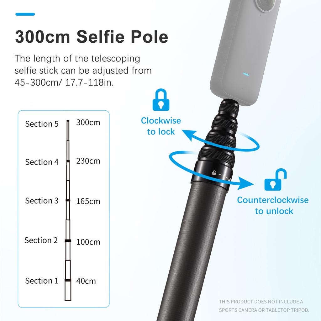 Camnoon 3 Meters118 Inches Portable Selfie Stick Telescoping Selfie Stand Carbon Fiber 4 Sections