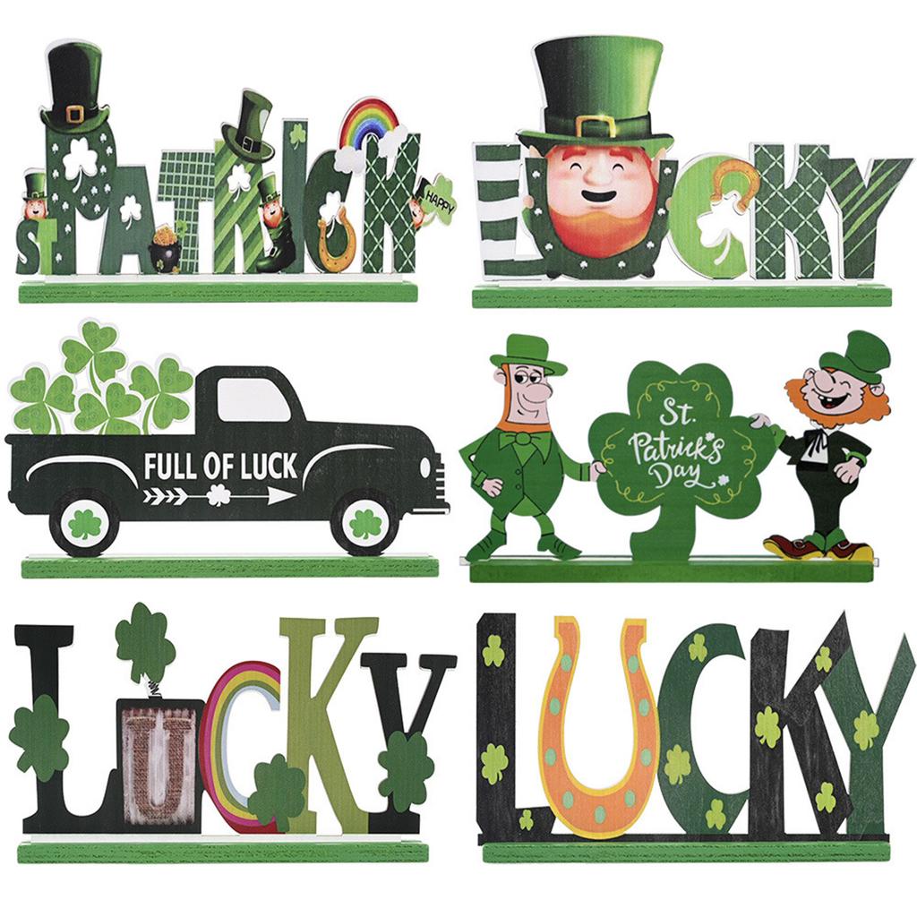6pcs Wooden Table Sign Set 6 Patterns Lucky Clover Ornament Sincere Wishes For St Patrick Day Decor