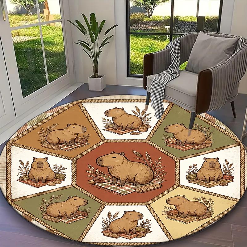 1pc Cozy Rural Leisure Capybara Scenes Rug, Comfortable Printed Home Round Carpet, Cozy Office Chair Rug