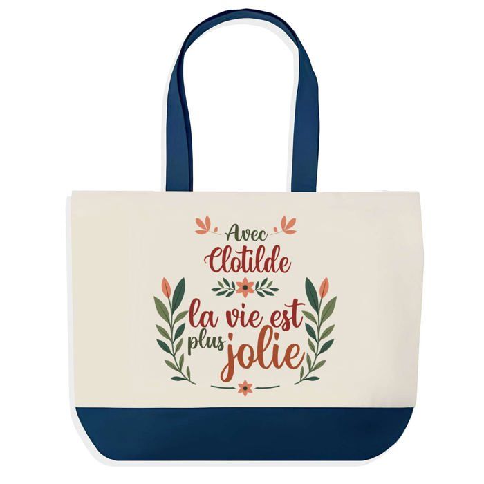 Tote bag - PLANETEE - Clotilde la vie est plus jolie - fond bleu - coton 40x45 cm - grand format