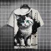 2025 Summer New Men's Cartoon Cute Cat Pattern 3D Printed Short Sleeved Round Neck Casual Quick Drying Neutral