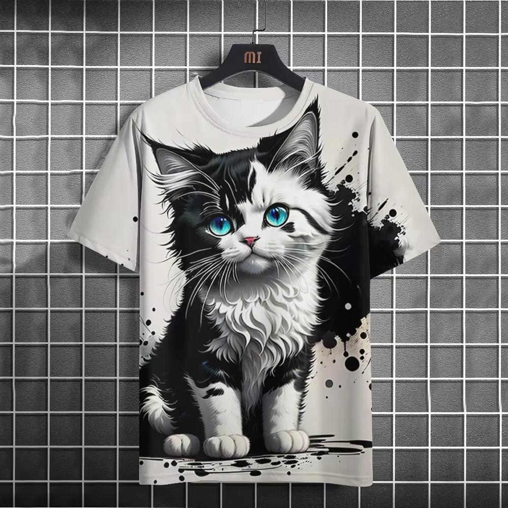2025 Summer New Men's Cartoon Cute Cat Pattern 3D Printed Short Sleeved Round Neck Casual Quick Drying Neutral