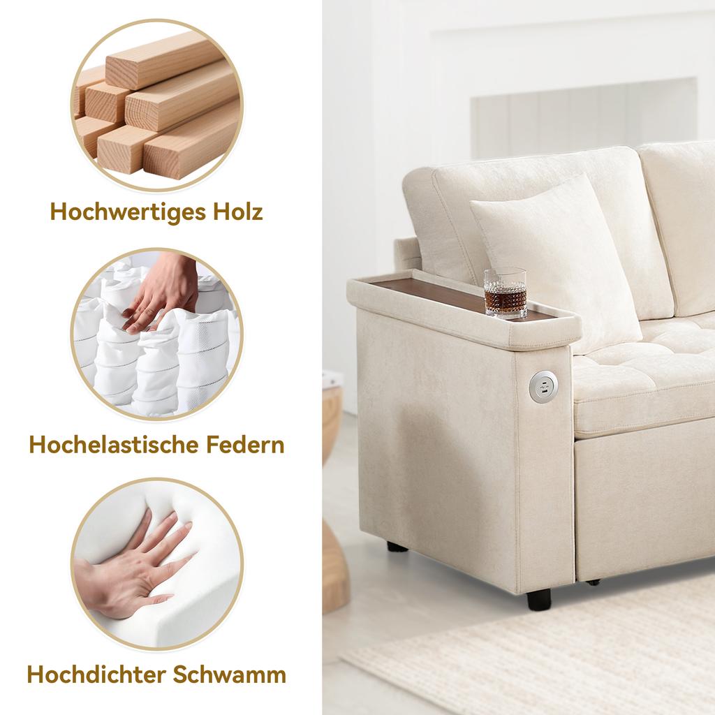 Modern L-shaped sofa with pull-out sofa bed, storage space, USB charger, armrest storage and 2 cushions, suitable for living room etc. Beige.
