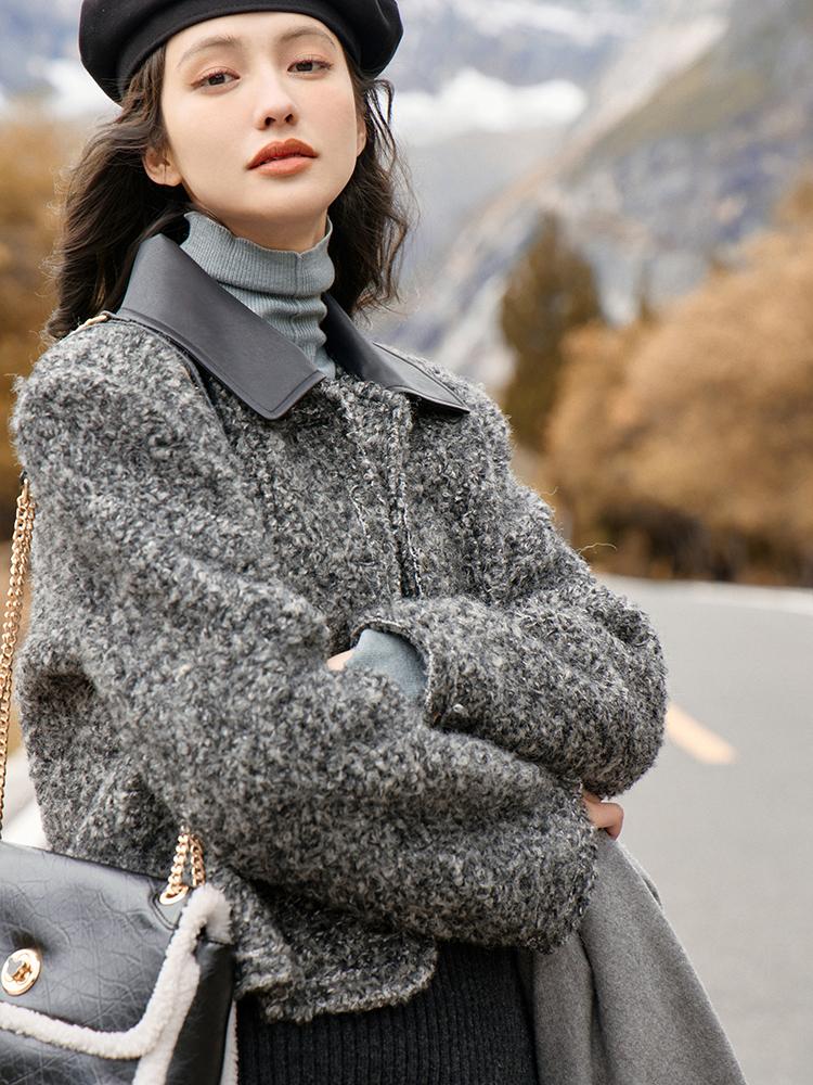 Mishow Шерстяное пальто для женщин, новинка 2023 года, зимняя винтажная однобортная однобортная куртка из искусственной кожи в стиле пэчворк в корейском стиле MXC53W0235