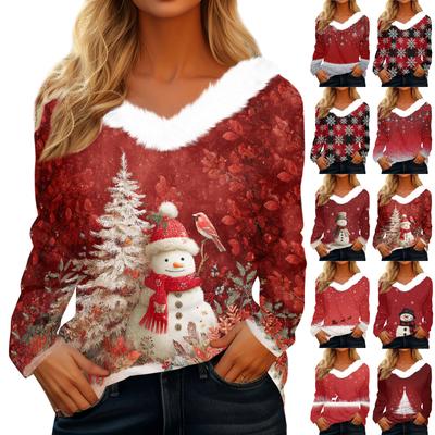 Рубашки с длинным рукавом для женщин Милые топы Рождественские принты Футболки Блузки Повседневные топы больших размеров Базовые топы Пуловеры