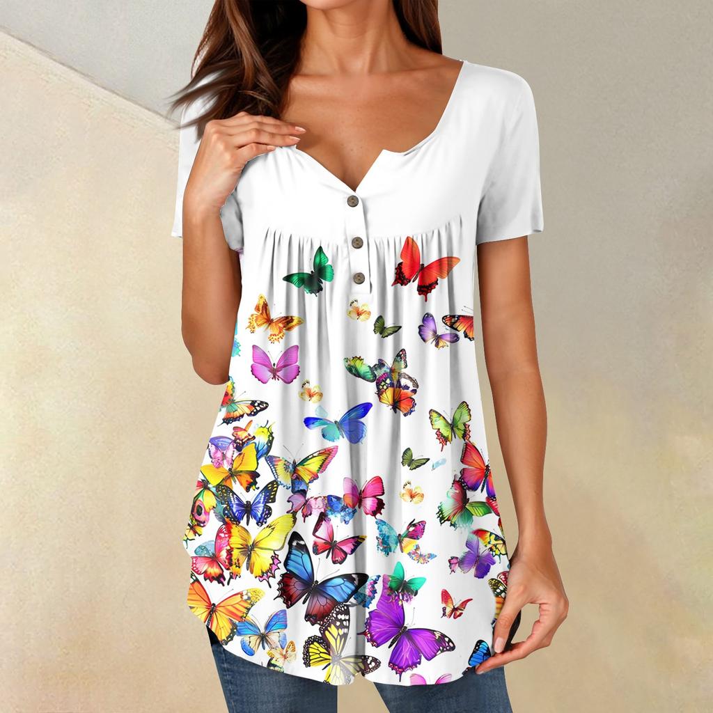 Women Tunic Tops Dressy Casual Summer Short Sleeve Shirts Loose Fit Pleated Boho Top