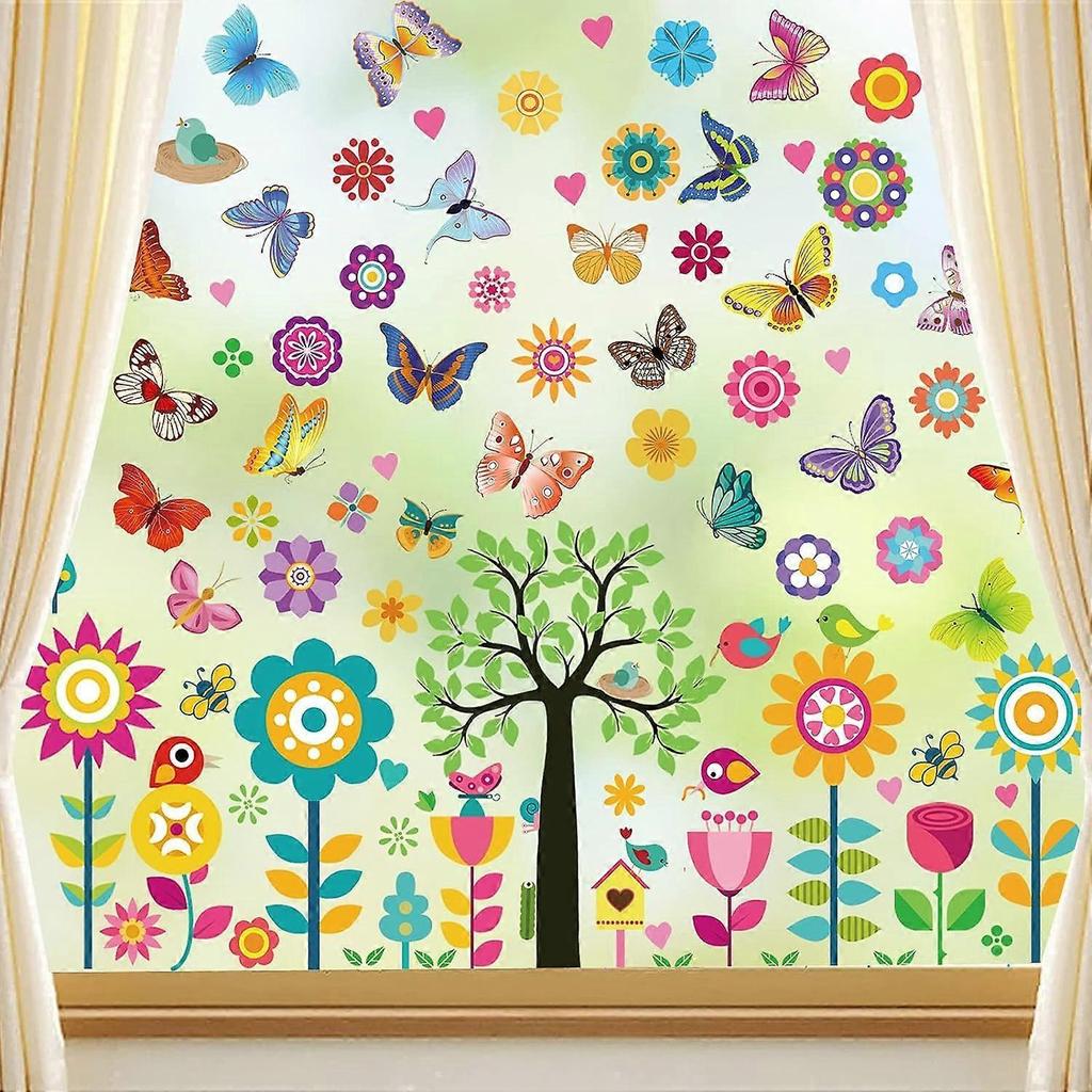 148 Pcs Spring Summer Window Stickers, 9 Sheets Flower Butterfly Tree Sunflower Window Stickers Window Decals for Glass for Summer Spring Decoration H