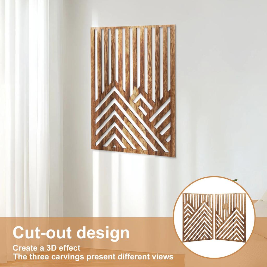 3Pcs Wood Wall Art Wood Wall Sculpture Decor Openwork Wood Wall Ornament Easy To Hang Timber Wall Artwork for Living Room