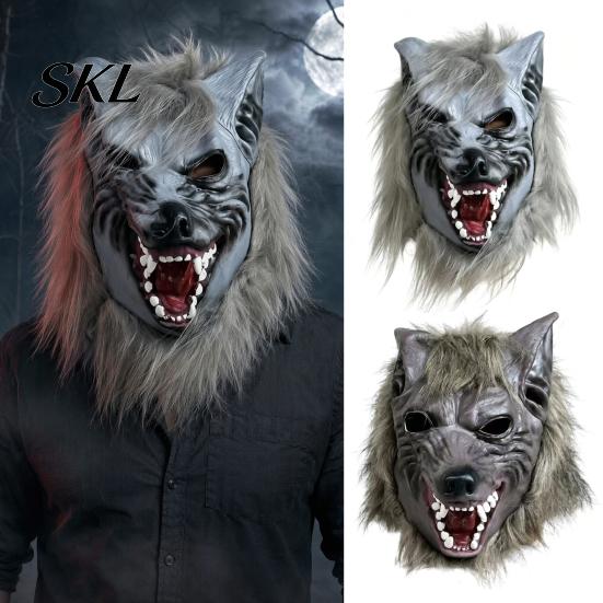 Detailed Halloween Prop Werewolf Full Head Mask, Latex Wolf Cosplay Headgear with Durable Party Mask Realistic Fur, Haunted House Prop, Adjustable