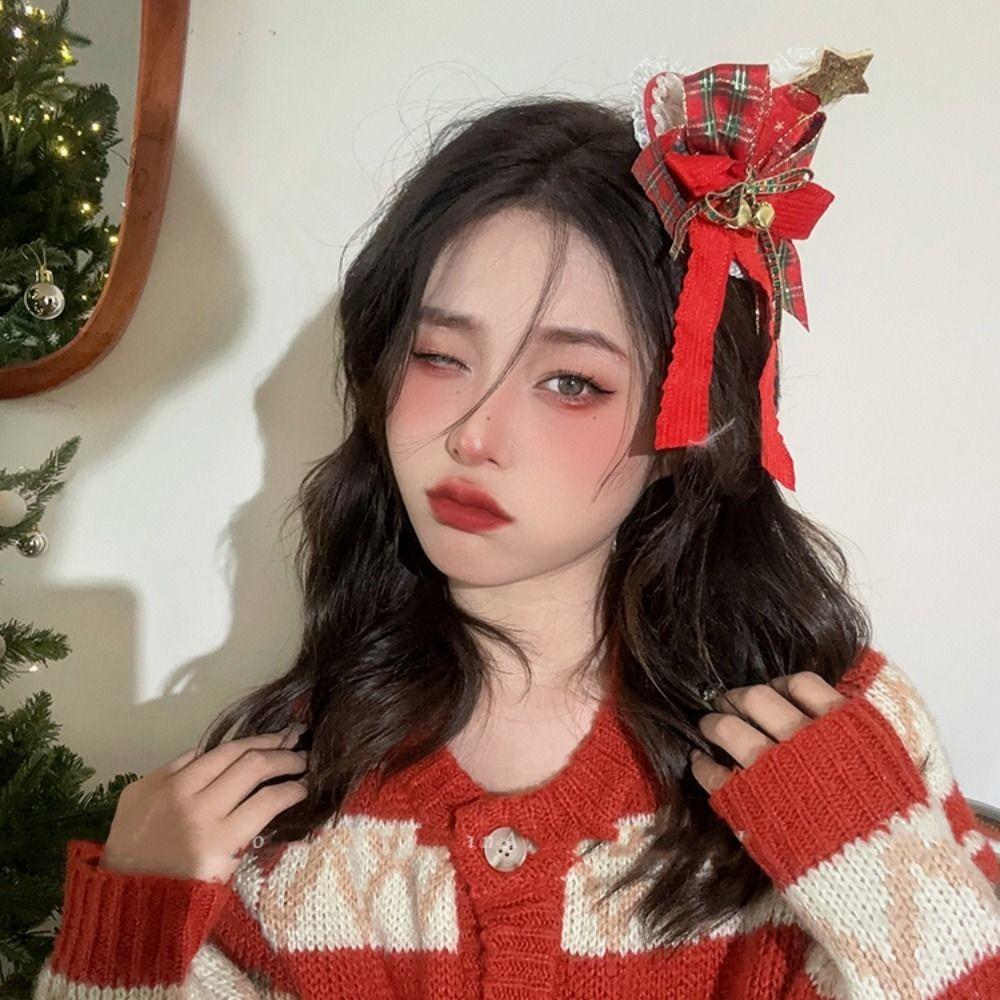 Santa Christmas Headband Bell Bow Hair Band Funny Christmas Hat Hair Clip  Female