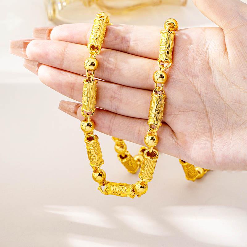 Men's Trendy Gold Fu Character Necklace: Chinese Vietnamese Style, Striped Tube Bead Chain, Long-Lasting Color.