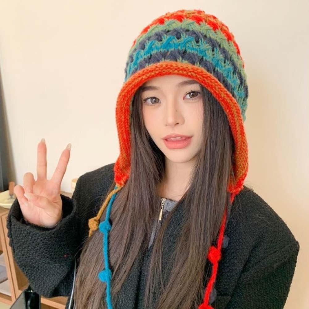 Knitted Fabric Crochet Beanie Hat Contrast Color Winter Warm Skullies Winter Travel
