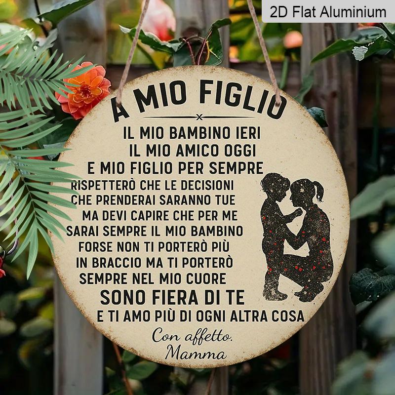 2D Flat, 1pc 7.87inch Aluminum Metal Wall Sign, A Mio Figlio Italian Quote with Mother & Child Silhouette, Vintage Rustic Family Decor, Perfect