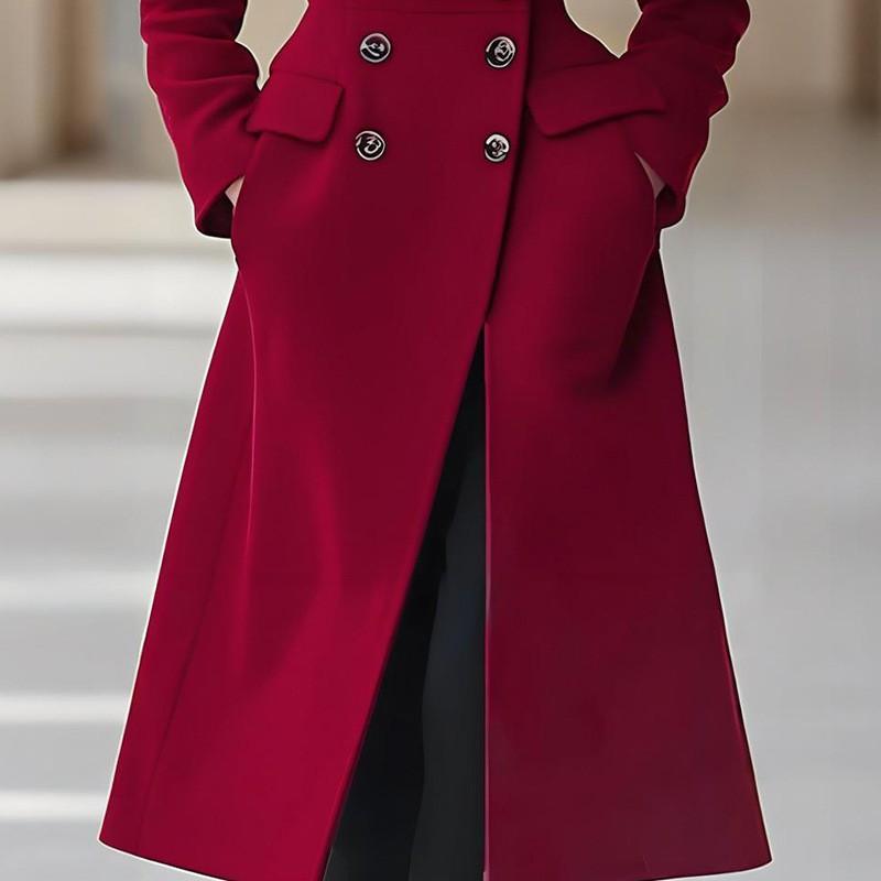 Womens Double Breasted Long Wool Coat Solid Color Slim Fit Elegant Commuter Style