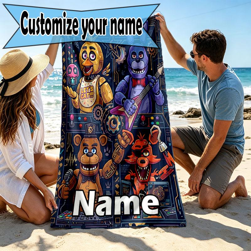Custom Name Personalized Five Nights at Freddy's Print Beach Towel, for Trip Camping Beach Party Home Decor, Birthday Gift for Family & Friends