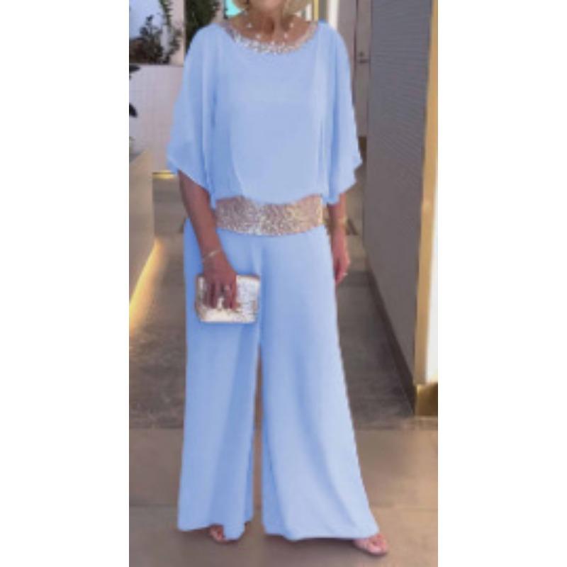 Women S Sequined Color Block Batwing Sleeve Wide Leg Pants Set