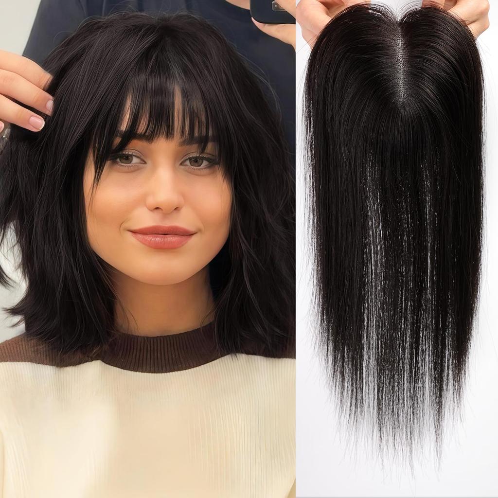 HAIRCUBE Blonde Ombre Human Hair Toppers with Bangs 3Clip Hairpieces Fringe for Women Hair Loss 14 Inch Swiss Lace Invisible Hair Toppers