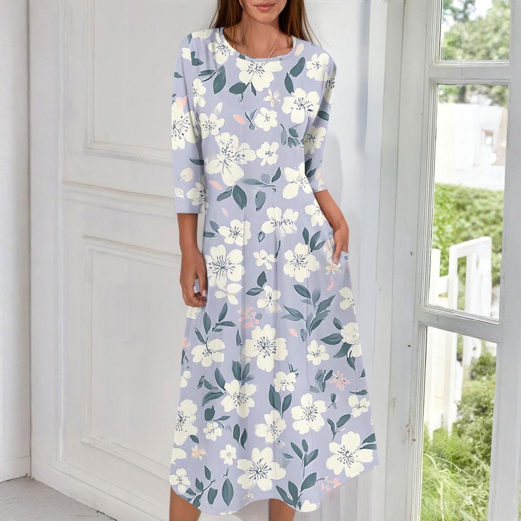 Женское модное повседневное миди-платье с круглым вырезом и рукавами три четверти