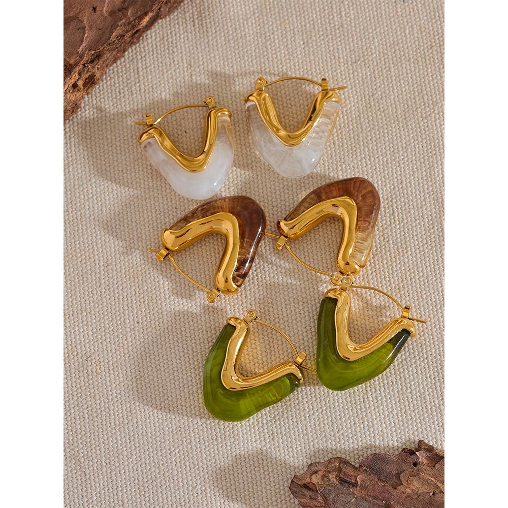 Yhpup Fashion Acetic Acid Acrylic Stainless Steel V Shape Triangle Hoop Earrings for Women Temperament Charm Jewelry Gift