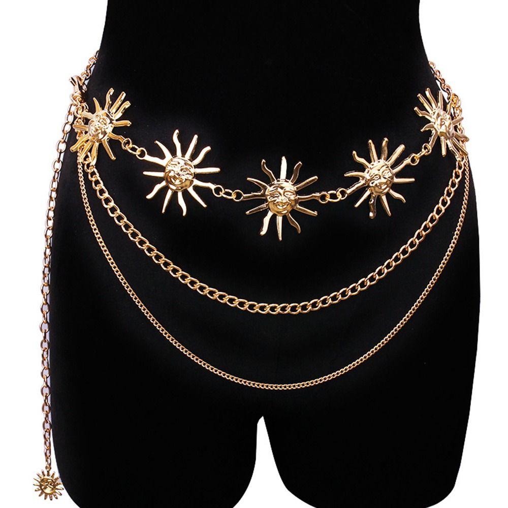 Fashion Hip Hop Metal Womans Layered Belt Sun Waistband Punk Waist Chain Dress Cummerbands