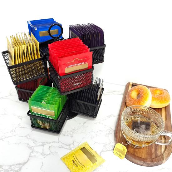Tea Bag Organizer 2 Tier Metal Tea Bag Storage Holder with 8 Compartments Rotating Tea Bag Caddy for Kitchen Counter Up To 96 Tea Bags Storage