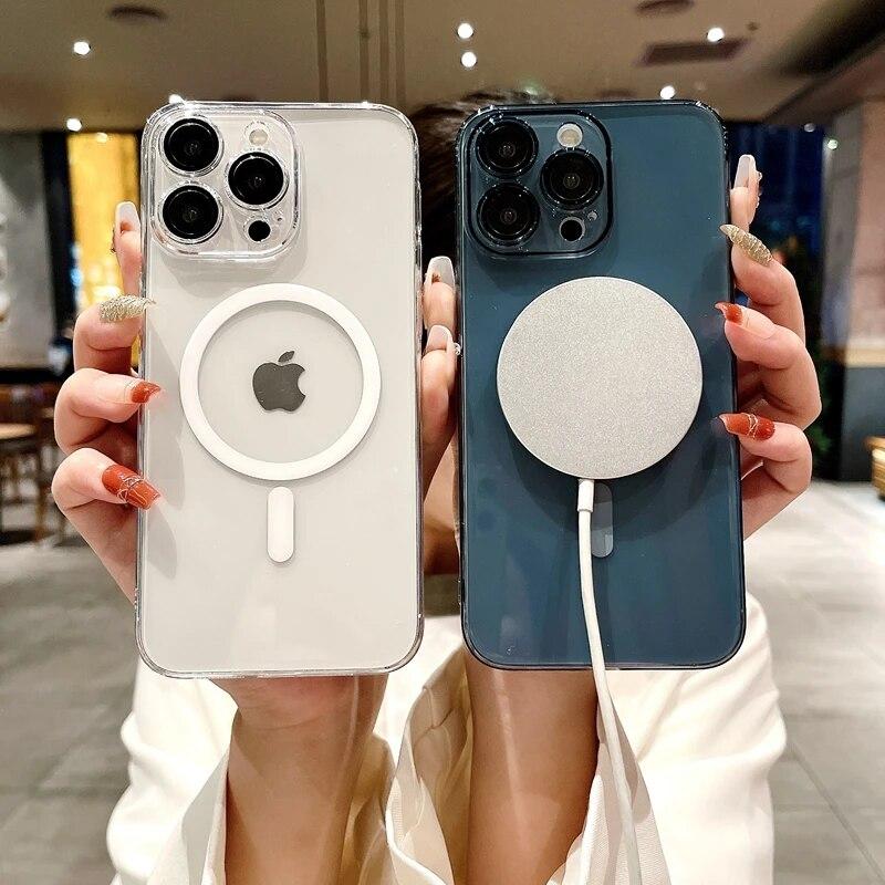 Роскошный прозрачный чехол Magsafe с беспроводной зарядкой для ПК для iPhone 11 12 13 14 15 Pro Max Plus, магнитный прозрачный чехол-бампер