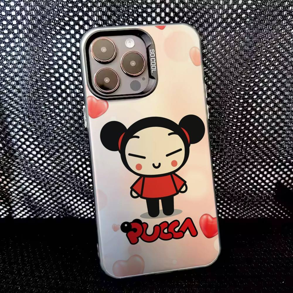 Милый чехол для телефона Pucca с сердечками для iPhone 16,15,14,13,12,11,8,7, Pro, Max, Plus, Mini, XS, SE, противоударный, черный, матовый, жесткий