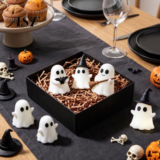 Halloween Night Party Decor Luminous Mini Ghost Figurines, Glow in The Dark Cute Favors for Kids Miniature Statue Micro Landscape, Tiered Tray