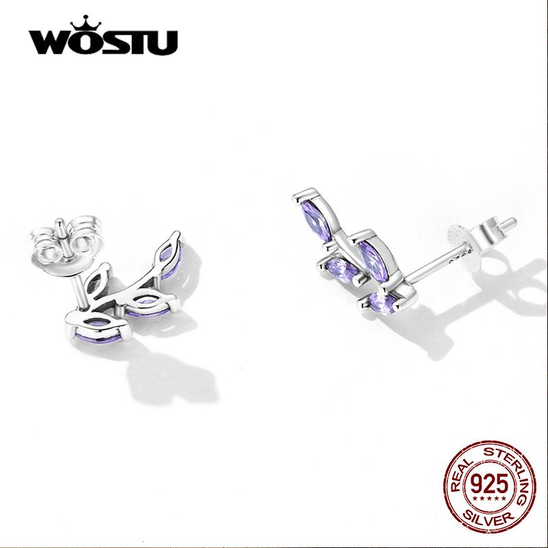 WOSTU 925 Sterling Silver Purple Branch Leaf Stud Earrings for Women Trendy Shiny Zircon Plant Earrings Fine Jewelry Gifts