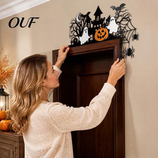 Bat And Spider Home Decoration Halloween Door Topper with Castle Ghost Pumpkin and Silhouette, 2D Flat Seasonal Furnishings Acrylic Corner Decor,