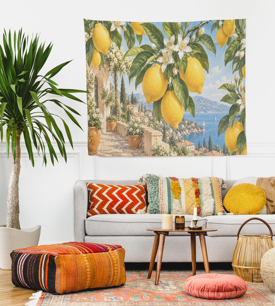 Mediterranean Lemon Tapestry Italian Coast Wall Hanging Lemon Grove Wall Art Amalfi Style Summer Kitchen Decor