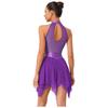 Womens Lyrical Dance Dress Ruched Metallic Mesh Rhinestone Detail Irregular Hem Sleeveless Backless Built In Briefs Leotard