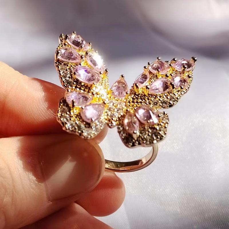 Кольца-бабочки с розовым цирконием для женщин, модное золотого цвета, открытое регулируемое кольцо INS, модные ювелирные аксессуары для свадьбы, помолвки и вечеринки