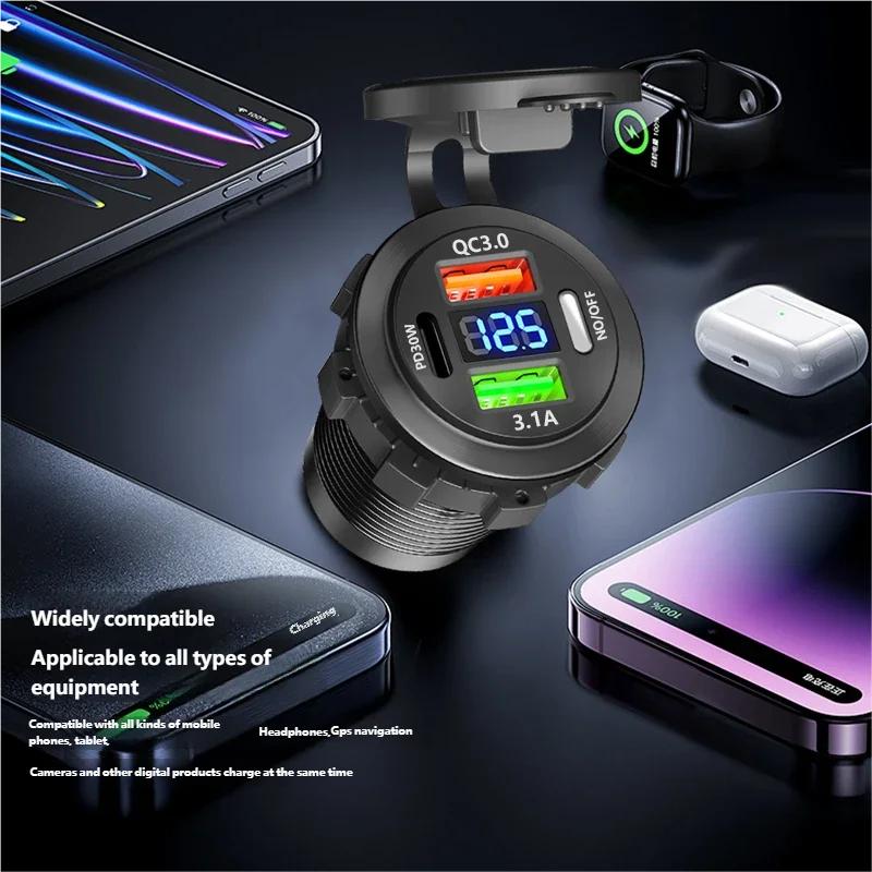Автомобильная розетка-зарядное устройство Type-C и двойная USB 3 порта Быстрая зарядка Водонепроницаемая с вольтметром 12В/24В Для лодки, мотоцикла Адаптеры