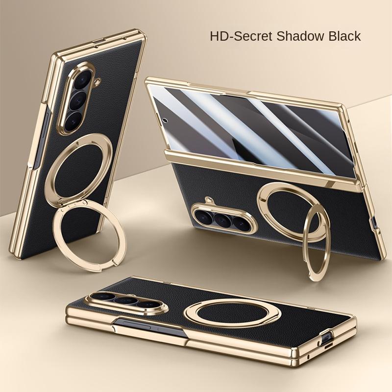 Для Samsung Galaxy Z Fold 7 Кожаный 360° Поворотный Держатель Магнитное Закаленное Стекло Передняя Пленка Противоударный Чехол для Телефона с Поддержкой Отпечатков Пальцев