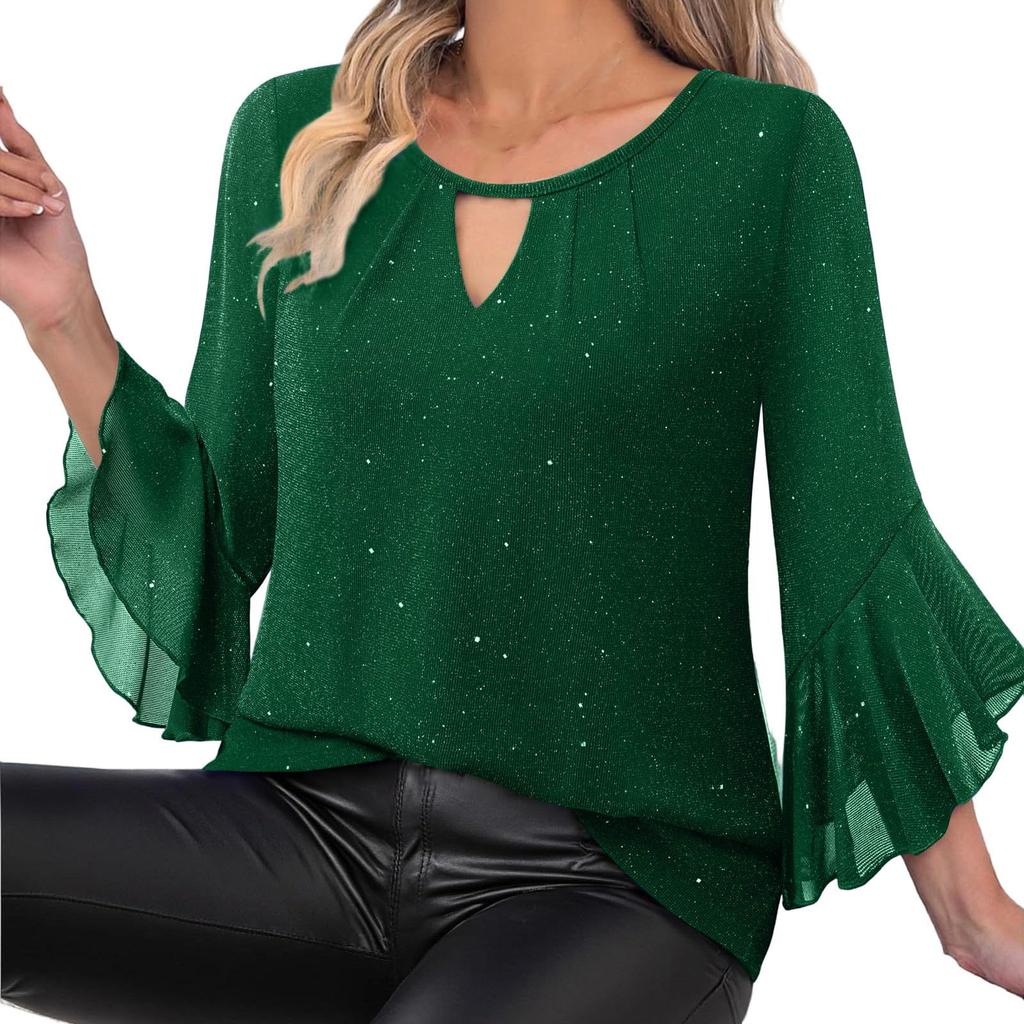 Women's Fashionable Solid Color Round Neck Seven Quarter Sleeved Shirt Loose Casual  Top