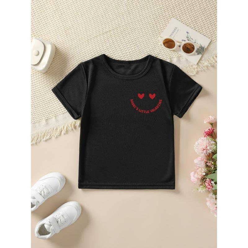 Европейские размеры Девочки Летняя Мода Футболка с коротким рукавом DADDYS LITTLE VALENTINE Клетчатый и Сердечно-глазый Мультяшный Принт Повседневная С круглым вырезом