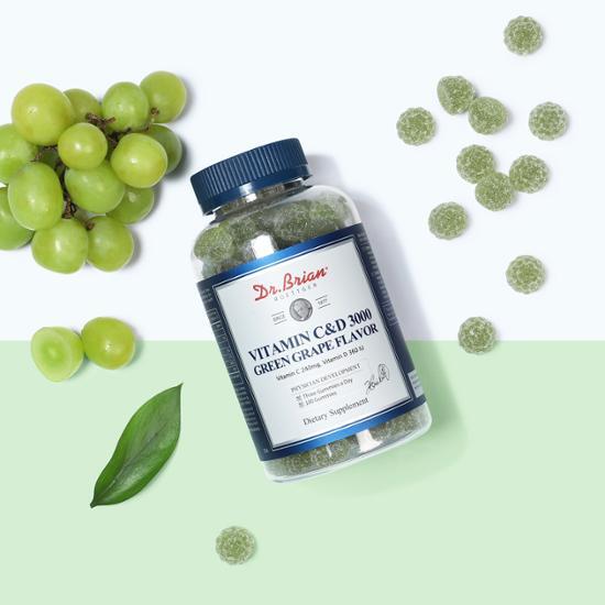 Доктор. Brian Vitamin C&D 3000 со вкусом зеленого винограда (100 жевательных конфет/33 дня)