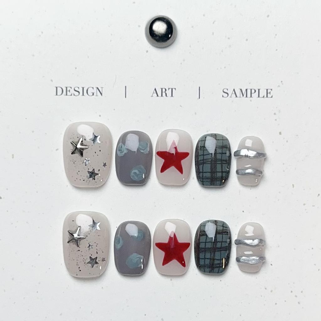 10Pcs Handmade Press On Nails Star Hand Painted Grid Full Cover Removable Fake Nails For Women Girls