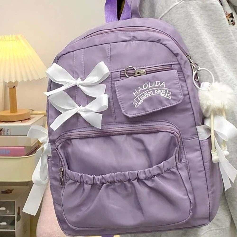 College Style Bow Backpack Large Capacity Canvas Shoulders Bag Cute Students School Bag School