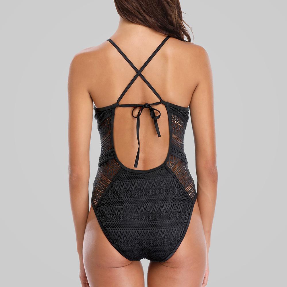 CHARMLEAKS Women One Piece Swimsuit Mesh Swimwear Deep V Swimwear Bandage Sexy Monokini Bathing Suit