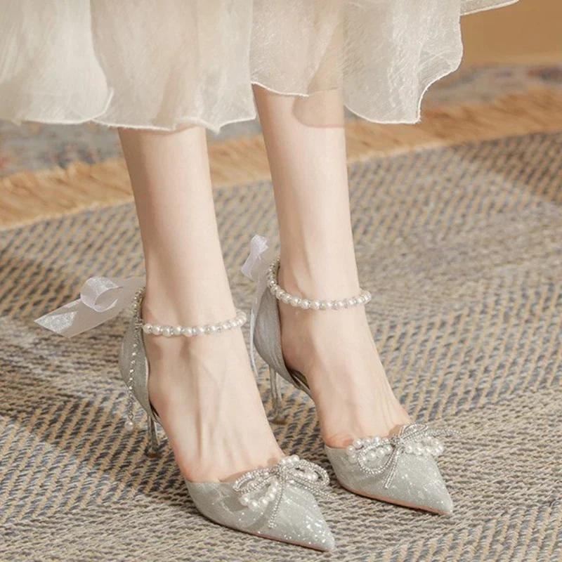 Fashion Women High Heeled Sandals Summer Fashion Bow Pearl Woman Pointed Toe Pumps Elegant Woman Sandals Party Lady Shoes