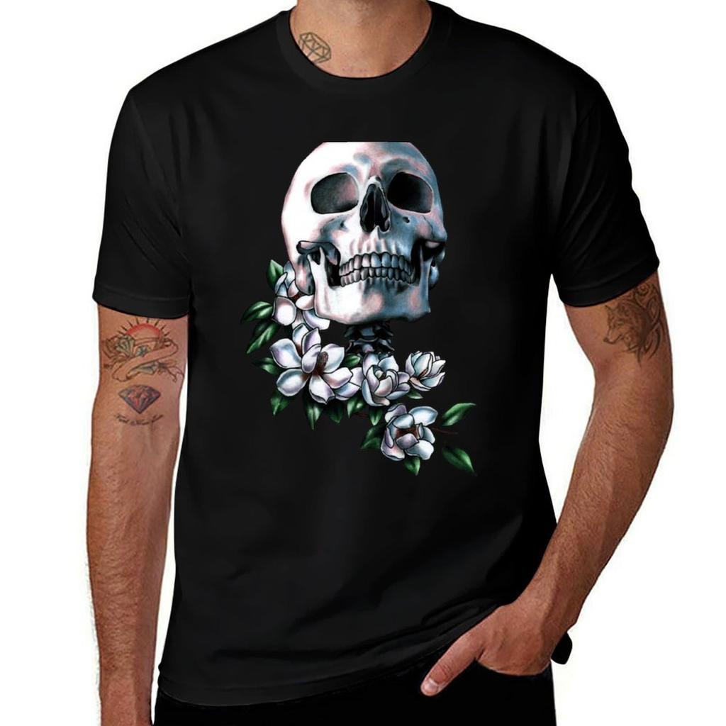 Skull Magnolia Flowers Tshirt Street Style Casual Tee Shirt