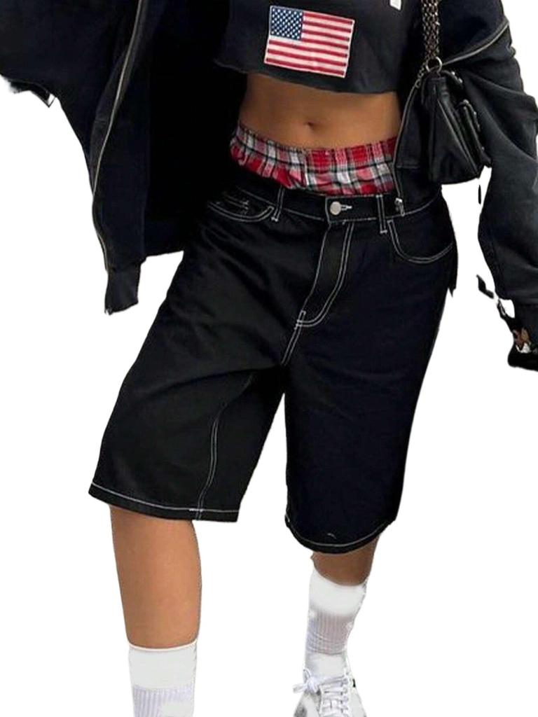 Rose Beauty A Женские брюки Y2K Street Заниженная талия Контрастная строчка сверху Косые карманы Повседневные свободные эластичные джинсовые шорты длиной до колена Шорты Hottie Outfits