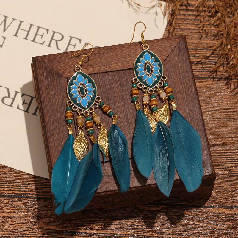 High-Value Feather Earrings Bohemian Long Tassel Photo Women'S Ear Hooks Personalized Earrings