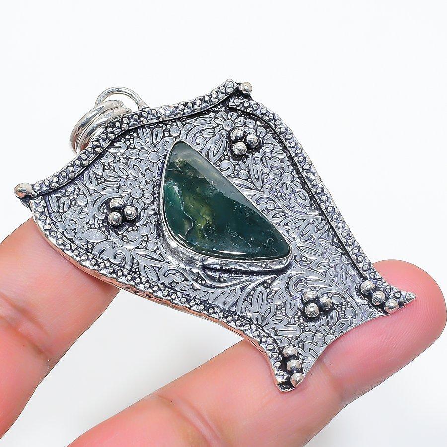 Natural Nephrite Gemstone 925 Sterling Silver Jewelry Pendant 2.52" AP-10564