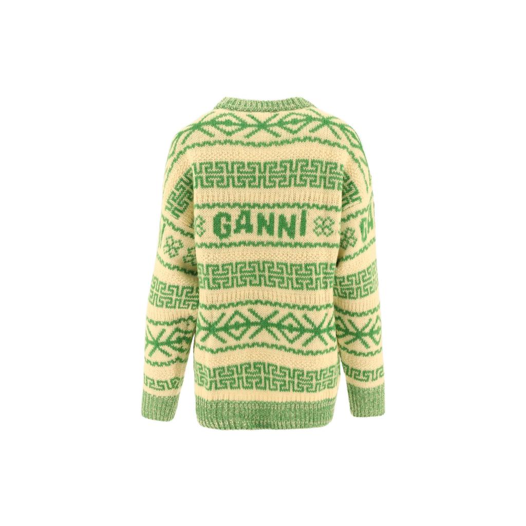 Ganni Ss23 Striped Vintage Print Wool Casual Color Block Crew Neck Long Sleeve Sweater Women sweater Green K1834-135